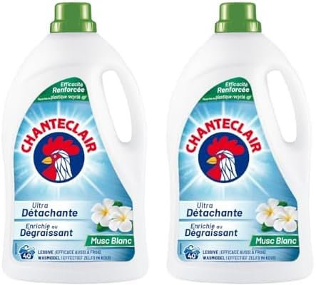 Chanteclair - Lessive Liquide Concentrées Musc Blanc, Enrichie au Dégraissant, Ultra Détachantes et Efficaces aussi à Froid, 40 lavages - 1800 ml (Lot de 2)