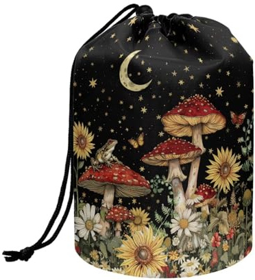 Wnbucioht Mushroom Drawstring Makeup Bags for Women Cute Toiletry Travel Bag Stand up Drawstring Wash Bag Large Capacity Toiletry Bucket Bags Mushroom Print Cosmetic Bags Open Flat Toiletry Bag