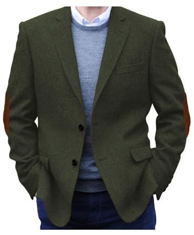 Stillluxury Blazer da uomo in tweed a spina di pesce con toppa sul gomito, monopetto, giacca formale cappotto sportivo per ballo di fine anno e matrimonio, Verde scuro, XXL