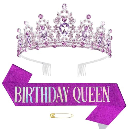 Födelsedagskrona och band, drottning skärp och strass tiara set för kvinnor födelsedagsfest dekoration, Lila, one size