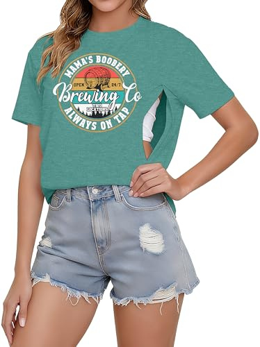 Women's Nursing Shirts for Breastfeeding Zipper Short Sleeves Mama Shirt Causal Maternity Nursing Graphic Tees Tops, Green, M