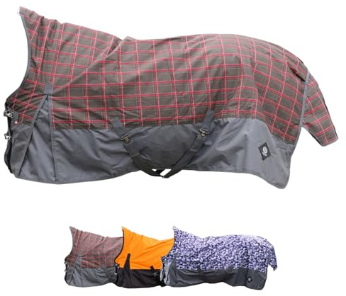 Imperial Riding - Outdoordecke High Neck 600D IRHCustomized – Regendecke – strapazierfähige & wasserdichte Weidedecke m. Polarfleecefutter – Pferdedecke in Grey Check/Grey – 145cm