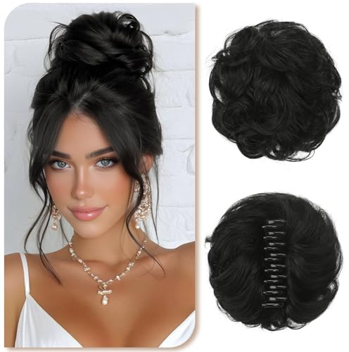 Sofeiyan Claw Clip Messy Bun 100% Human Hair Buns Curly Hairpieces with Clip Real Hair Chignon Tousled Updo Scrunchie Hairpiece with Clips Hair Accessories for Women-Natural Black