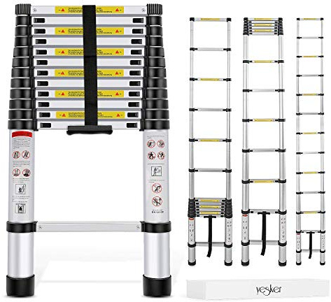 Yesker 12.5ft Telescoping Ladder Aluminum Telescopic Extension Multi Purpose Ladders EN131 Certified - Extendable with Spring Load Locking Mechanism Non-Slip - 330 lb Max Capacity, Silver/Black