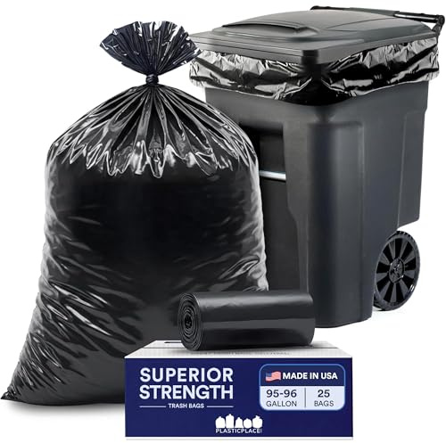 Plasticplace 95-96 Gallon Rubbish Bin Liners Heavy Duty Black Bin Bags Tear-Resistant Outdoor Rubbish Bags for Rollaway Bins Large 61 x 68 Industrial-Strength Waste Bags (25 Count) 1.5 Mil