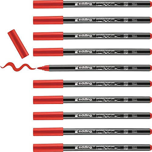 Edding 4200-02 - Pack de 10 Rotuladores Pintar Porcelana - Punta de Pincel Flexible 1-4mm - Rojo