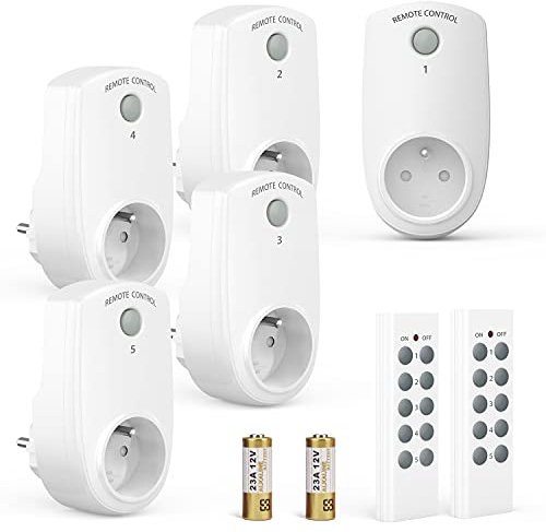 Lot de 5 Prise Programmable Électrique, Prise Télécommandée sans Fil avec 2 Télécommandes 2 Piles Fournies 30M de DNCE de Contrôle dans la Zone Ouverte Fonction on Off