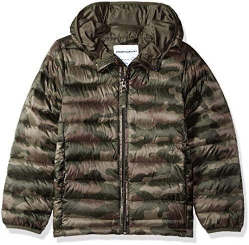 Amazon Essentials Chaqueta Acolchada con Capucha, Plegable, Ligera y Resistente a la Lluvia Niño, Estampado de Camuflaje, 11-12 años