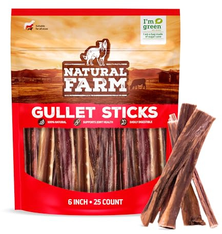 Natural Farm Gullet Sticks (6 Inch, 25 Pack), Grain-Free, Preservative-Free & Fully Digestible Beef Esophagus – Gentle Yet Effective Fun - Best for Light, Pups & Senior Chewers