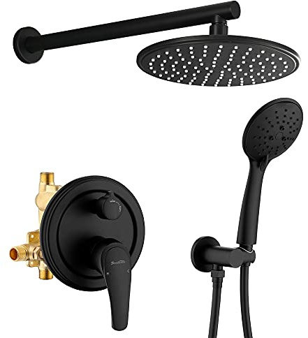 SHAMANDA Shower Faucet Set, Wall Mounted Shower System with High Pressure 9 Rain Shower head and 5-Setting Handheld Shower Head(Pressure Balance Round-In Valve and Trim Included), Matte Black, L01-7