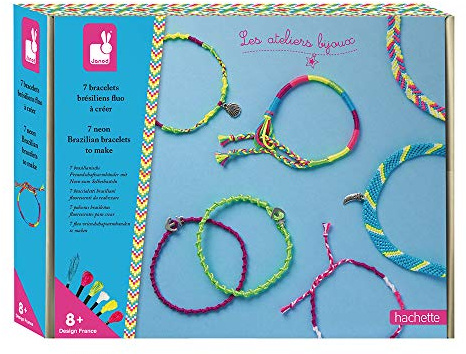 Janod - Coffret 7 Bracelets Brésiliens Fluo à Créer - Les Ateliers Bijoux - Kit Loisir Créatif Enfant - Apprentissage Motricité Fine et Créativité - Dès 8 ans, J07929