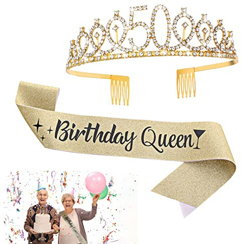 Abeillo 50. Geburtstag Krone und Schärpe, 50. Geburtstag Tiara Birthday Queen Schärpe, 50 Geburtstag Deko für 50. Geburtstag Frauen Geschenk