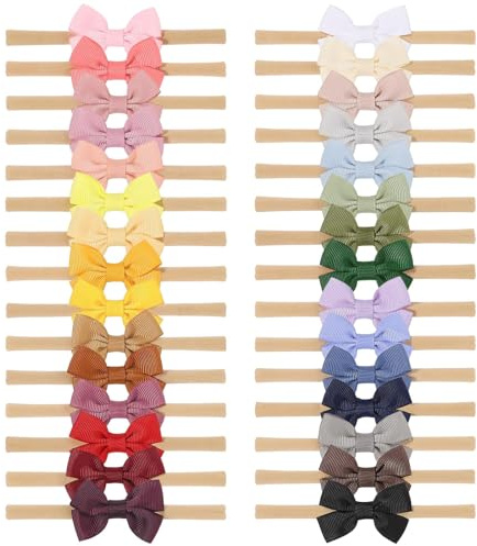 doboi 30PCS Baby Girls Headbands Hair Bows Nylon Grosgrain Ribbon Hairbands Solid Color Handmade Hair Accessories for Newborn Infant Toddlers Little Girl and Kids