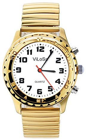 ViLoSa Ladies Talking Watch,Speaks The Time, Date or Alarm time for Elderly, Impaired Sight or Blind. Arabic Numbers-with Golden Stainless Expansion Band