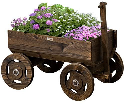 Outsunny Hochbeet im Holzwagen-Design, Blumenkasten Holz, Pflanzenwagen, Pflanzenständer für Garten und Terrasse, bis 50 kg belastbar, Verkohlt, 120 x 53 x 55 cm