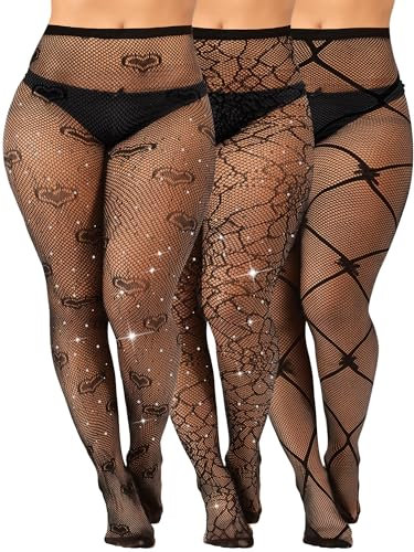 Geyoga 3 Paar Übergröße Strumpfhose Glitzer Festival Outfit Damen Strass Netzstrumpfhose mit Hoher Taille(Schwarz,XL-4XL)