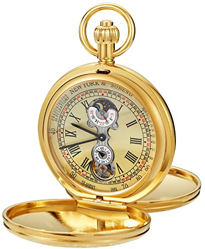 Tiong Orologio da tasca meccanico da uomo a doppia copertura, orologio da tasca meccanico a catena con quadrante a doppia copertura, orologio da tasca meccanico a scatola da uomo