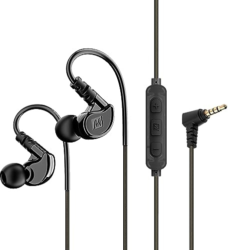 MEE Audio M6 Sport Wired Earbuds, in Ear Headphones, 3-Button Remote, Sweatproof Earphones for Running/Gym/Workouts with Memory Wire Earhooks, Headset Microphone, 3.5mm Jack Plug (Black)