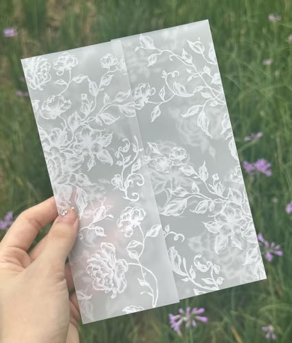 Puremigo 50 Pack Pre-Folded White Flower Vellum Jackets - 5x7, 115GSM Vellum Paper - Wedding Invitations Wraps