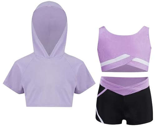 Freebily Sportdräkt för flicka 3 delar Hoodie kortärmad huvtröja + sport-bh + sportshorts träningsoverall dans modern hiphop, Ljuslila, 5-6 anni