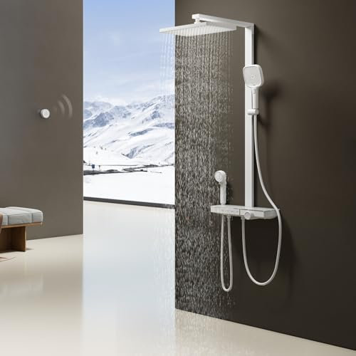 EMKE® Duschsystem Regendusche Weiß Matt 40 cm LED-Anzeige Glasablage Duschsystem mit Thermostat, mit 3+1 Elternteil und Kind Handbrause+Übergröße Regendusche+Auslauf, Einfach Install