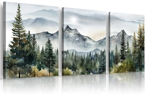MHARTK66 Aquarell Wald Leinwand Bilder Set Schlafzimmer, 3-teilig Wandbilder Wohnzimmer Natur Landschaft Bild Aesthetic, Modern Wanddeko Kunstdruck Badezimmer Büro Esszimmer Küche