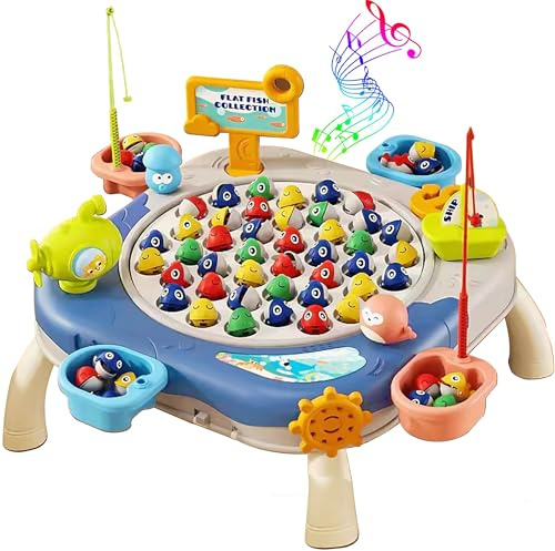 Auped Juego de Pesca magnética, Incluye 42 Peces, 10 cañas de Pesca, 4 buces, 7 escenas 3D, Regalo Educativo Musical Montessori, Adaptado para niños de 3 años (Azul)