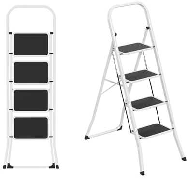 LZQ Scala pieghevole a 4 gradini – scala domestica pieghevole con gradini antiscivolo e robusto telaio in acciaio pieghevole, salvaspazio, portata 150 kg, per cucina, ufficio, balcone