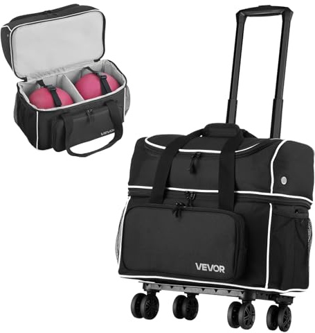 VEVOR Sac de Bowling à roulettes, Valise de Transport pour 2 Boules, avec Compartiment pour Chaussures, Poche pour Accessoires Surdimensionnée et Poignée Rétractable Extensible, Noir et Blanc