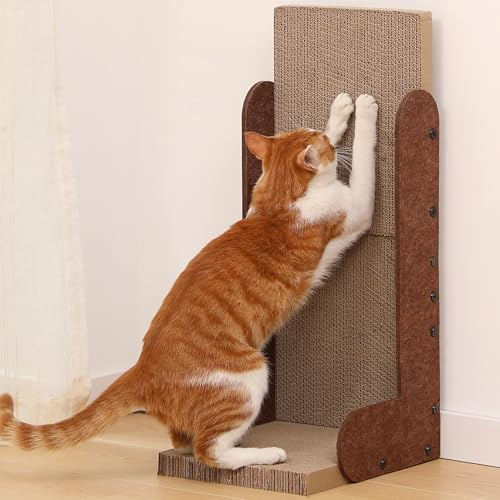 FUKUMARU Griffoir pour Chat, 68 cm en Forme de L Grattoir Mural Moderne en Carton pour Chats d'Intérieur, Poteau à Gratter Vertical en Feutre, Protège-Meubles, Caramel