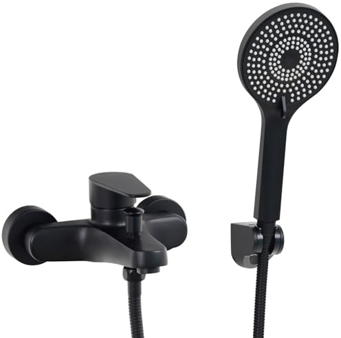 SHANFO Grifo de Bañera, Grifo de Ducha con Alcachofa, Monomando Mezclador Ducha Montado en La Pared, Negro, N-2Y3OK