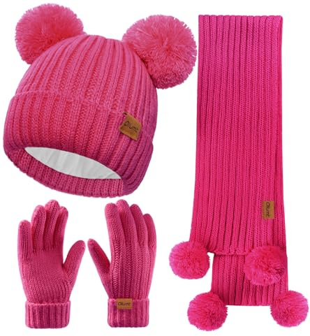 Kids Winter Beanie Hat, Gloves and Scarf Set, Fleece Lined Knit Pom Neck Warmer Gaiter with Mittens for Children (Rose Pink, 2-8 Years)