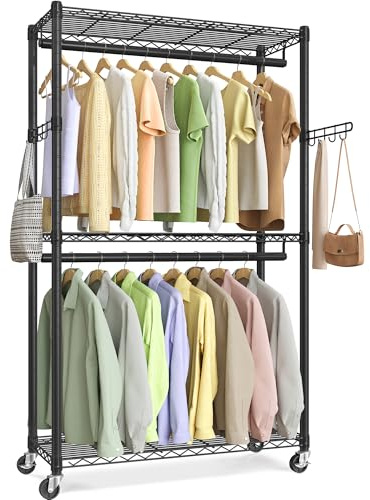 SONGMICS Rolling Portable Wardrobe, Heavy-Duty Metal Clothes Rack on Wheels, with Adjustable Shelves and Hanging Rails, Hooks, 40 x 90 x 199 cm, Ink Black LGR413B01