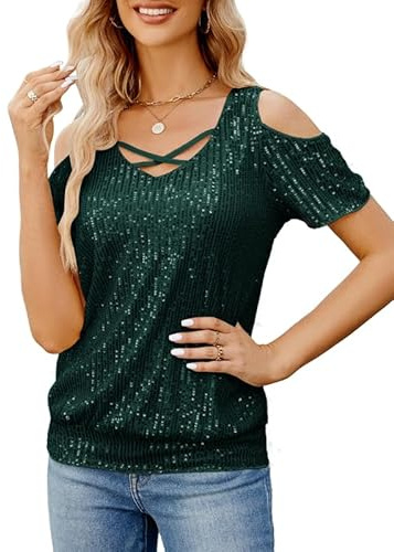 JASAMBAC Womens Sequin Tops Cross&V-Neck Cold Shoulder Tops Glitter Tunic Evening Top Ladies Going Out Top Sparkle Short Sleeve Dressy Blouse for Club Party
