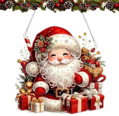 LUMOOM Set di immagini per pittura con diamanti 5D, decorazione per finestre per adulti e bambini, ciondolo acrilico con catena (Babbo Natale)