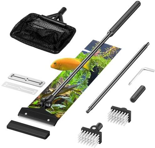 Pawfly Algae Scraper for Glass Aquariums, Aquarium Glass Scraper, 4 in 1 Fish Tank Cleaning Tools with 10 Stainless Steel Blades, Brush, Fish Net & 2-Piece Rod, Fish Tank Cleaner