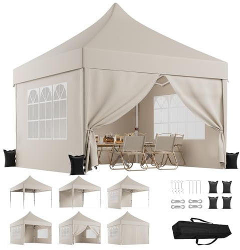 TRIUMPHKEY Pavillon 3x3 Wasserdicht Stabil Winterfest mit 4 Seitenwänden， Faltpavillon Höhe Verstellbar， Gartenpavillon für Hochzeiten, Freien, Garten, Party，Beige