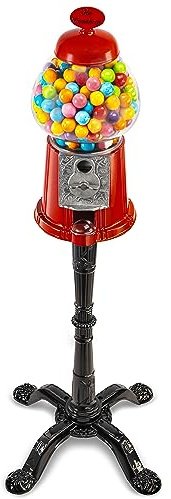 Gumball Bubble Machine - 15 Inch Candy Dispenser with Stand for 0.62 Inch - Heavy Duty Red Metal with Large Bowl - Easy Twist-Off Refill - Free or Coin Operated - by The Candery