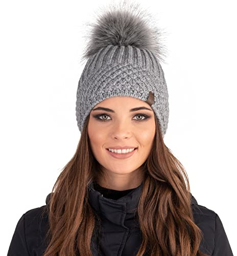 Vivisence Mujer Gorro De Invierno Forro Polar Suave Calidez Diaria con Pompón, Gris Claro,Talla Única