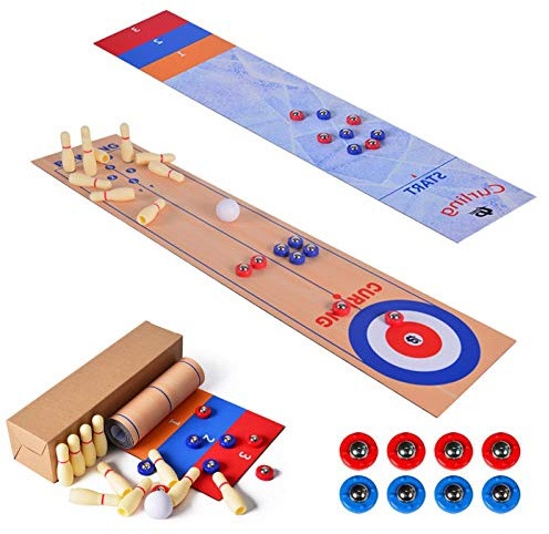 rebirthesame Palets Table 3 en 1, Curling Et Bowling, Jeux Famille Portables pour Enfants Et Adultes pour Le Plaisir Intérieur Et Extérieur, 10 X 40 Pouces