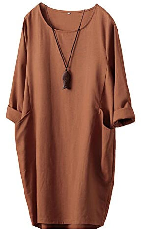 FTCayanz Damen T-Shirt Tunika Kleid Langes Leinenkleider Elegant Langarm Blusenkleid Mini Kleider Orange XXL