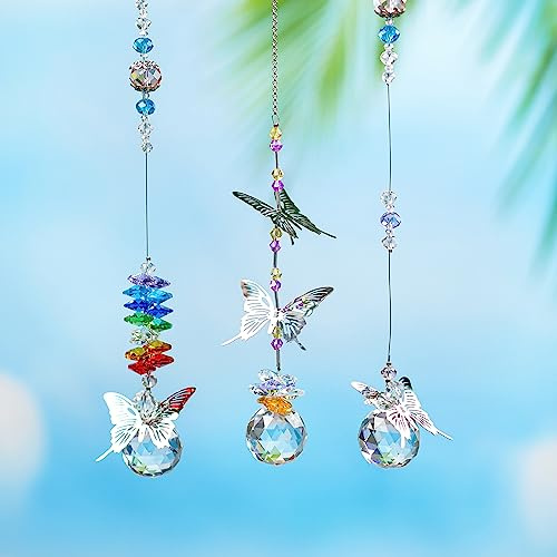 H&D HYALINE & DORA Lot de 3 attrape-soleil en cristal à suspendre en forme de papillon en métal, boule de verre, prisme arc-en-ciel, décoration d'intérieur