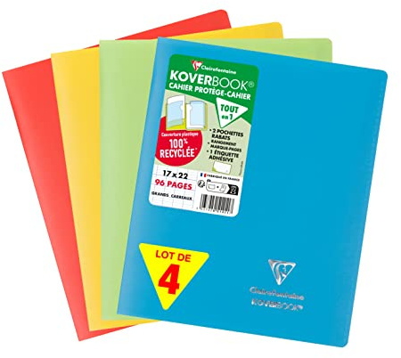 Clairefontaine 951412AMZC Lot de 4 Cahiers Agrafés Koverbook - 17x22 cm - 96 Pages Grands Carreaux - Papier Blanc 90 g - Couverture 100% Recyclée Couleurs Assorties (Bleu, Rouge, Vert et Jaune)