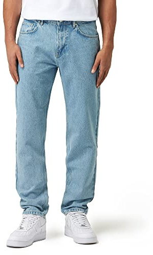 Herrar Carrot fit jeans med knappslå jeansbyxor streetwear lös denim byxor morotssnitt casual män, Vintage blå, 31W / 32L