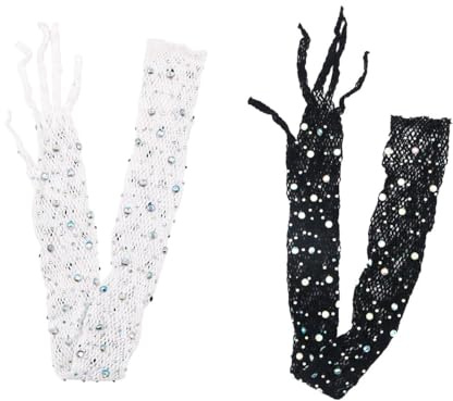 Tiardey Lot de 2 paires de gants longs en résille avec strass scintillants pour fêtes costumées des années 80, accessoires de cosplay d'Halloween (noir + blanc).
