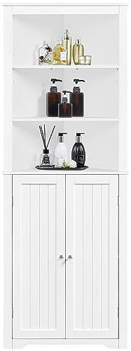 Yaheetech Mobile da Bagno Armadietto a Colonna Alto d'Angolo 163 x 60 x 43 cm Mobiletto Cucina Autoportante con 3 Ripiani Aperti in Legno Armadio Triangolo Moderno Multiuso da Terra Bianco