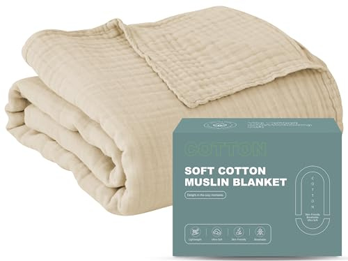 Cosy Family 4 Layer Muslin Bed Blanket - Breathable and Lightweight Gauze Boho Blanket for Spring, Soft 100% Cotton Muslin Blanket, Light Tan, 55x80 Inches