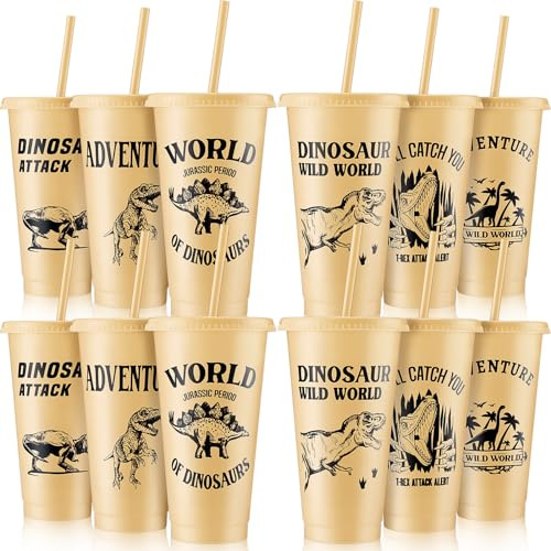 Mifoci 12 Pcs Dinosaur Party Favor 24 oz Plastic Cup with Lids and Straws Set Kids Reusable Dinosaur Cup Decorations for Beverage Birthday Party Dino Supplies (Khaki)