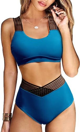 Vancavoo Mujer Bikinis-Traje de Baño de Deportivo Top de Espalda Cruzada de Tirantes Anchos y Cintura Alta Braguitas 2 Piezas Conjuntos de Bikinis de Playa Bañadores de Natacion(A1-Azul,L)