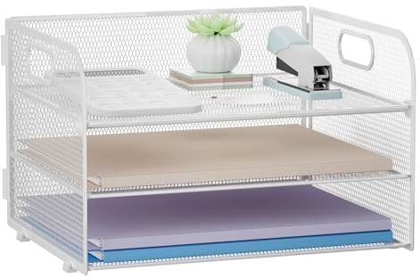 Restorgan 3 Tier Paper Organiser with Handle, Mesh Desk Organiser Letter Tray, Paper Tray Organizer for A4 File Folder, White